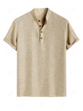 Men\'s Solid Color Linen Textured Stand Collar Half Buttoned Short Sleeves Shirt And Slant Pockets Drawstring Casual Shorts Set LIGHT COFFEE - PURECLO