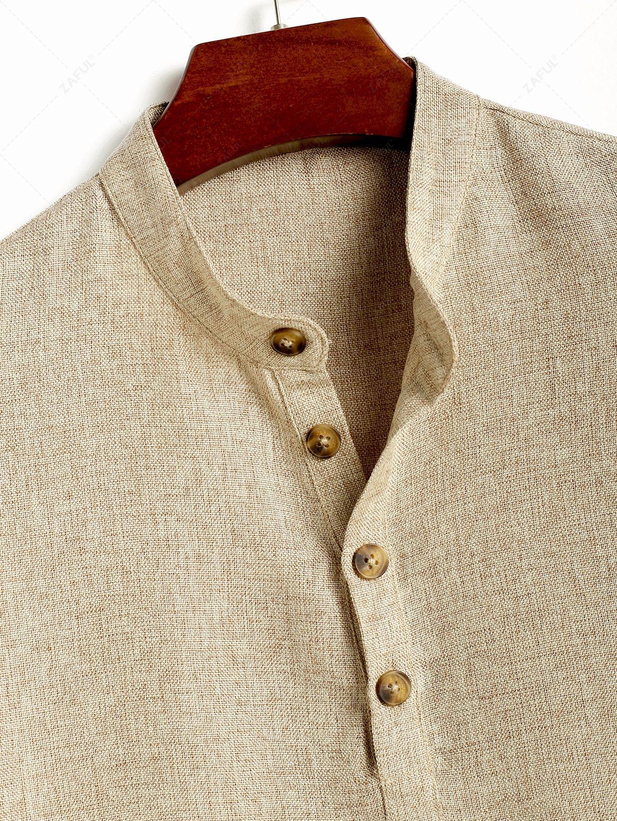 Men\'s Solid Color Linen Textured Stand Collar Half Buttoned Short Sleeves Shirt And Slant Pockets Drawstring Casual Shorts Set LIGHT COFFEE - PURECLO