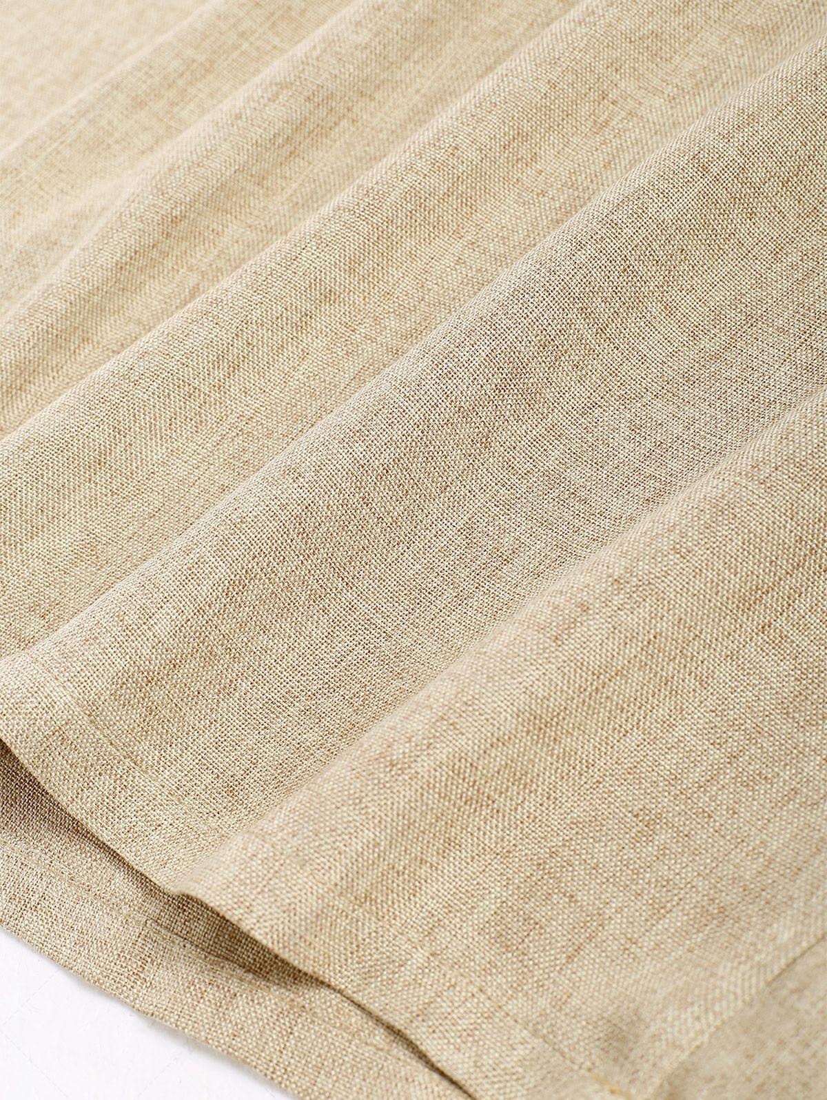 Men\'s Solid Color Linen Textured Stand Collar Half Buttoned Short Sleeves Shirt And Slant Pockets Drawstring Casual Shorts Set LIGHT COFFEE - PURECLO