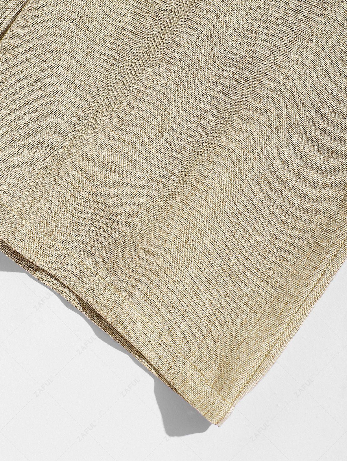 Men\'s Solid Color Linen Textured Stand Collar Half Buttoned Short Sleeves Shirt And Slant Pockets Drawstring Casual Shorts Set LIGHT COFFEE - PURECLO