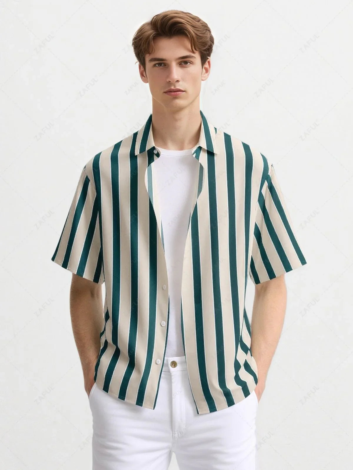 Men\'s Vertical Stripes Vacation Casual Short Sleeves Shirt And Solid Color Cotton and Linen Straight Leg Pants Set GREEN BLUE LIGHT BLUE - PURECLO