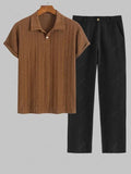 Men\'s Casual Textured Openwork Polo Collar Half Buttoned Short Sleeves Shirt And Cotton and Linen Straight Leg Pants Set LIGHT GREEN COFFEE - PURECLO