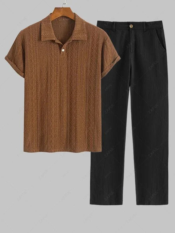 Men\'s Casual Textured Openwork Polo Collar Half Buttoned Short Sleeves Shirt And Cotton and Linen Straight Leg Pants Set LIGHT GREEN COFFEE - PURECLO