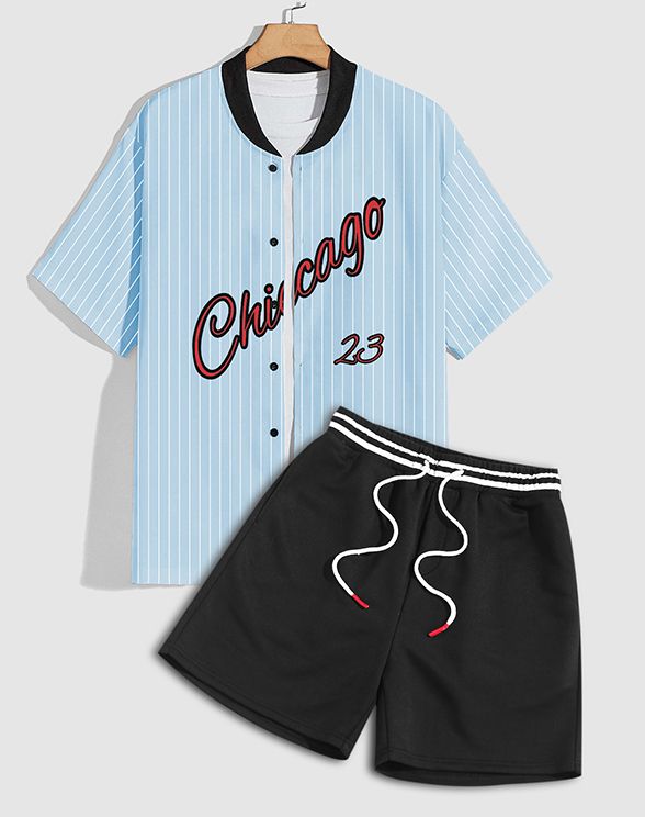 ZAFUL Men\'s Chicago Graphic Letter Print Short Sleeve Stand Collar Button Up Casual Baseball Shirt LIGHT BLUE BLACK - PURECLO