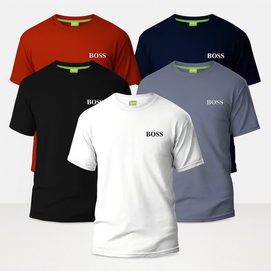 PureClo™ Premium T-Shirts neatly folded in multiple colours – soft cotton, modern fit, essential everyday wear.