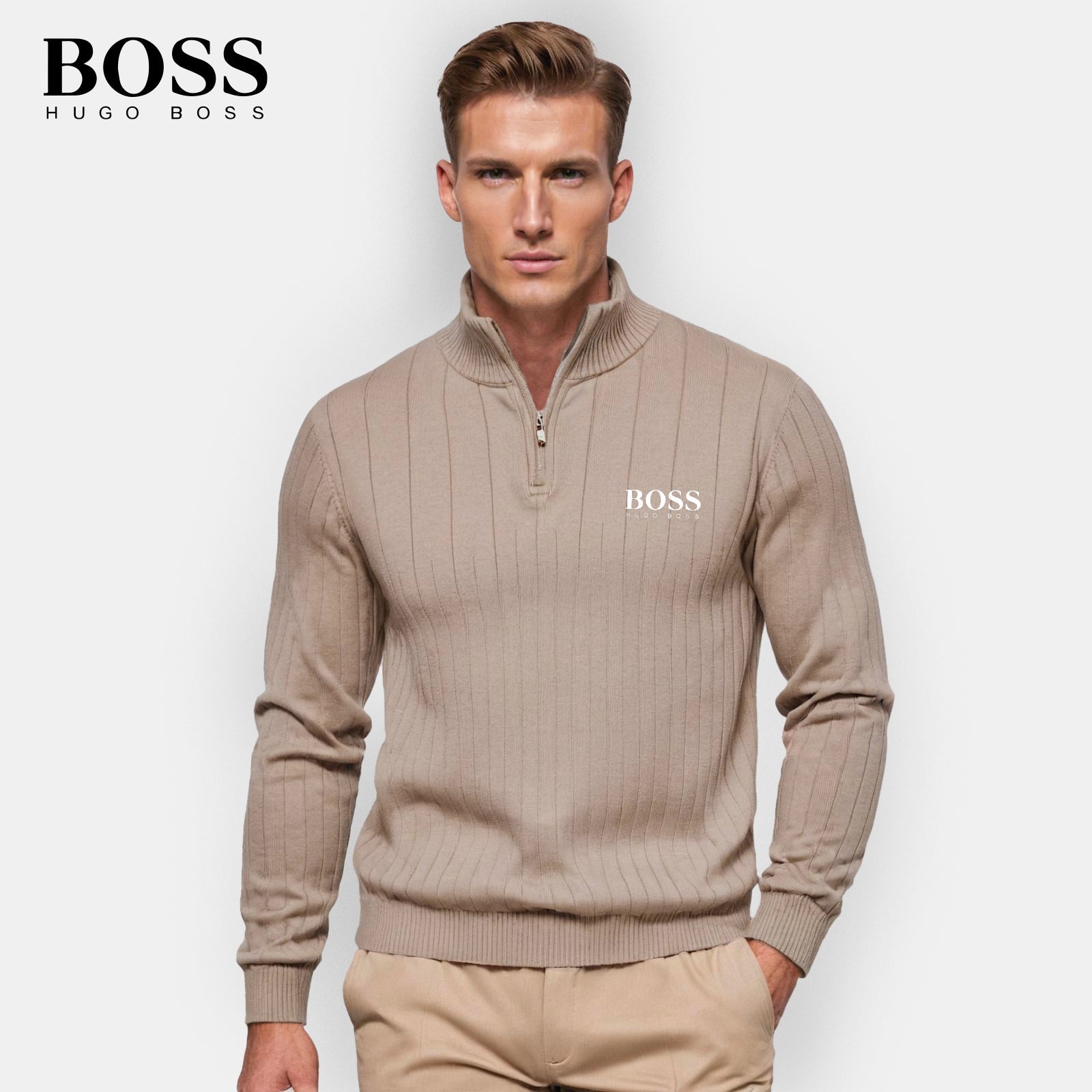 PureClo™ HB Zip-Up Sweater in Beige – soft neutral tone offering effortless sophistication and modern comfort.