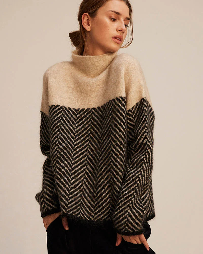 NOBA - Sweater with High Collar and Herringbone Pattern - PURECLO