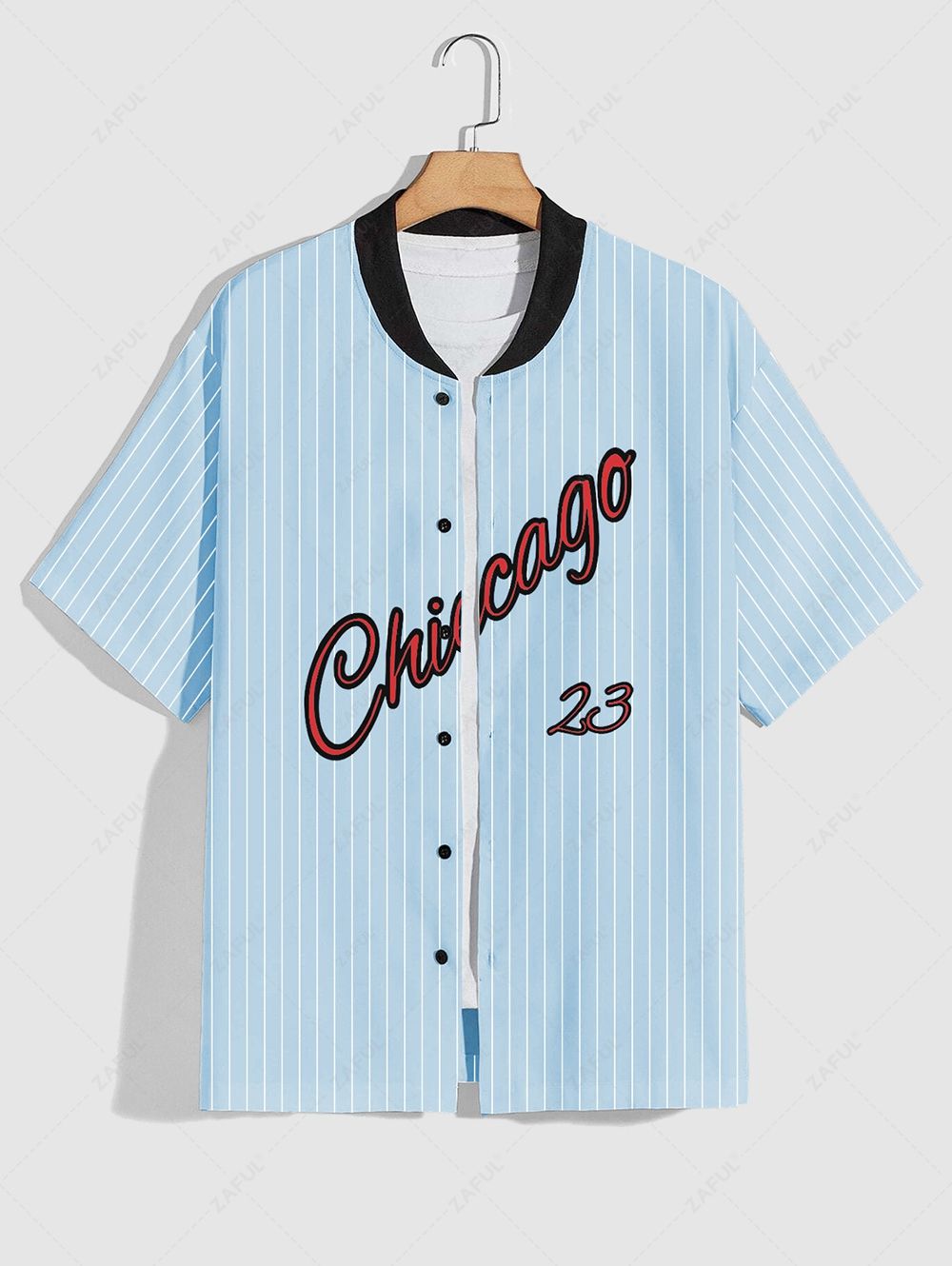 ZAFUL Men\'s Chicago Graphic Letter Print Short Sleeve Stand Collar Button Up Casual Baseball Shirt LIGHT BLUE BLACK - PURECLO