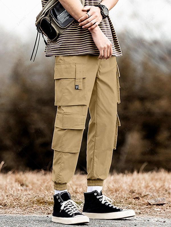 Multi Flap Pockets Drawstring Cargo Jogger Techwear Pants COFFEE KHAKI - PURECLO