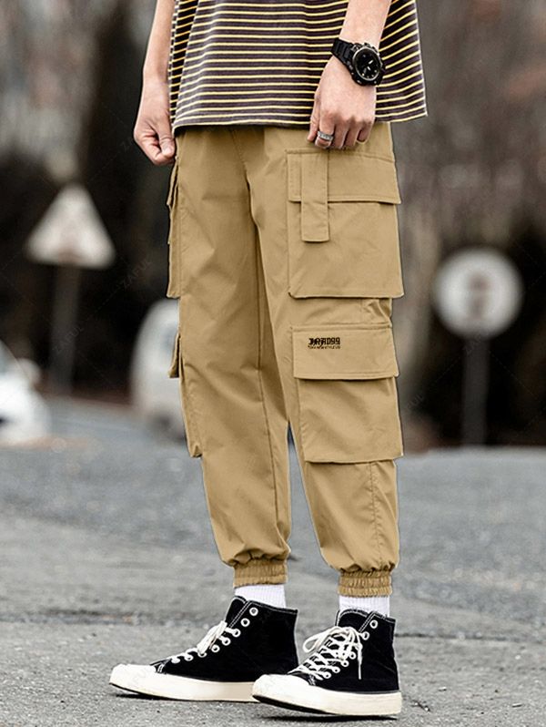 Multi Flap Pockets Drawstring Cargo Jogger Techwear Pants COFFEE KHAKI - PURECLO