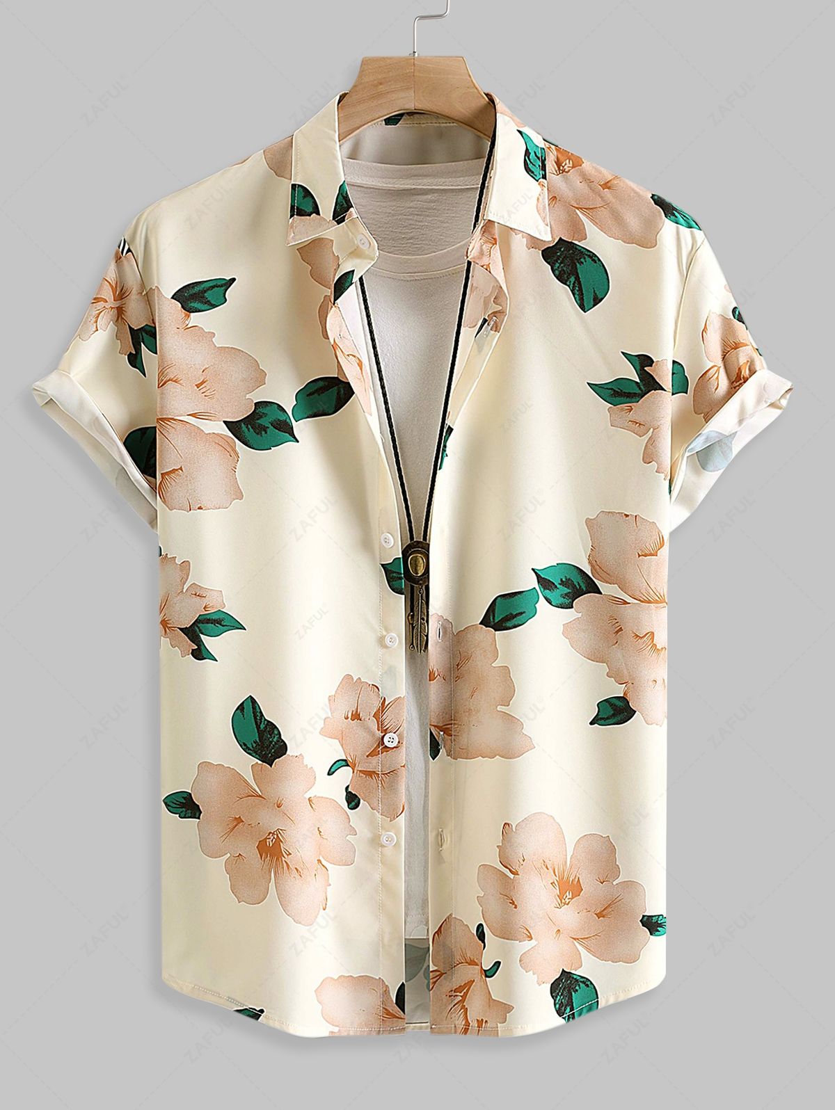 Floral Pattern Short Sleeves Vacation Shirt LIGHT COFFEE YELLOW LIGHT GREEN - PURECLO