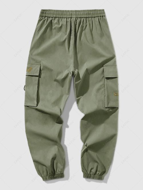 Letter Printed Large Pockets Design Cargo Pants ARMY GREEN - PURECLO