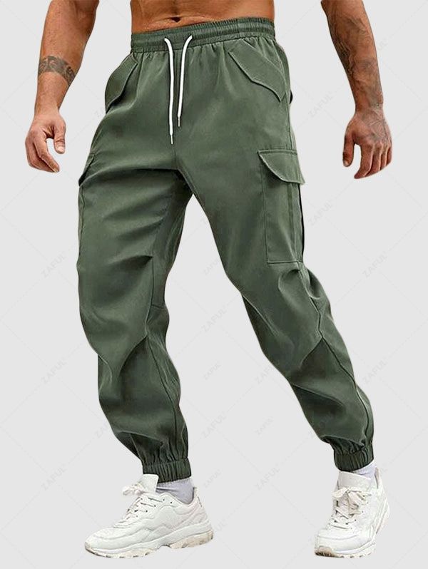 Solid Color Multi-pocket Design Beam Feet Cargo Pants DEEP GREEN - PURECLO