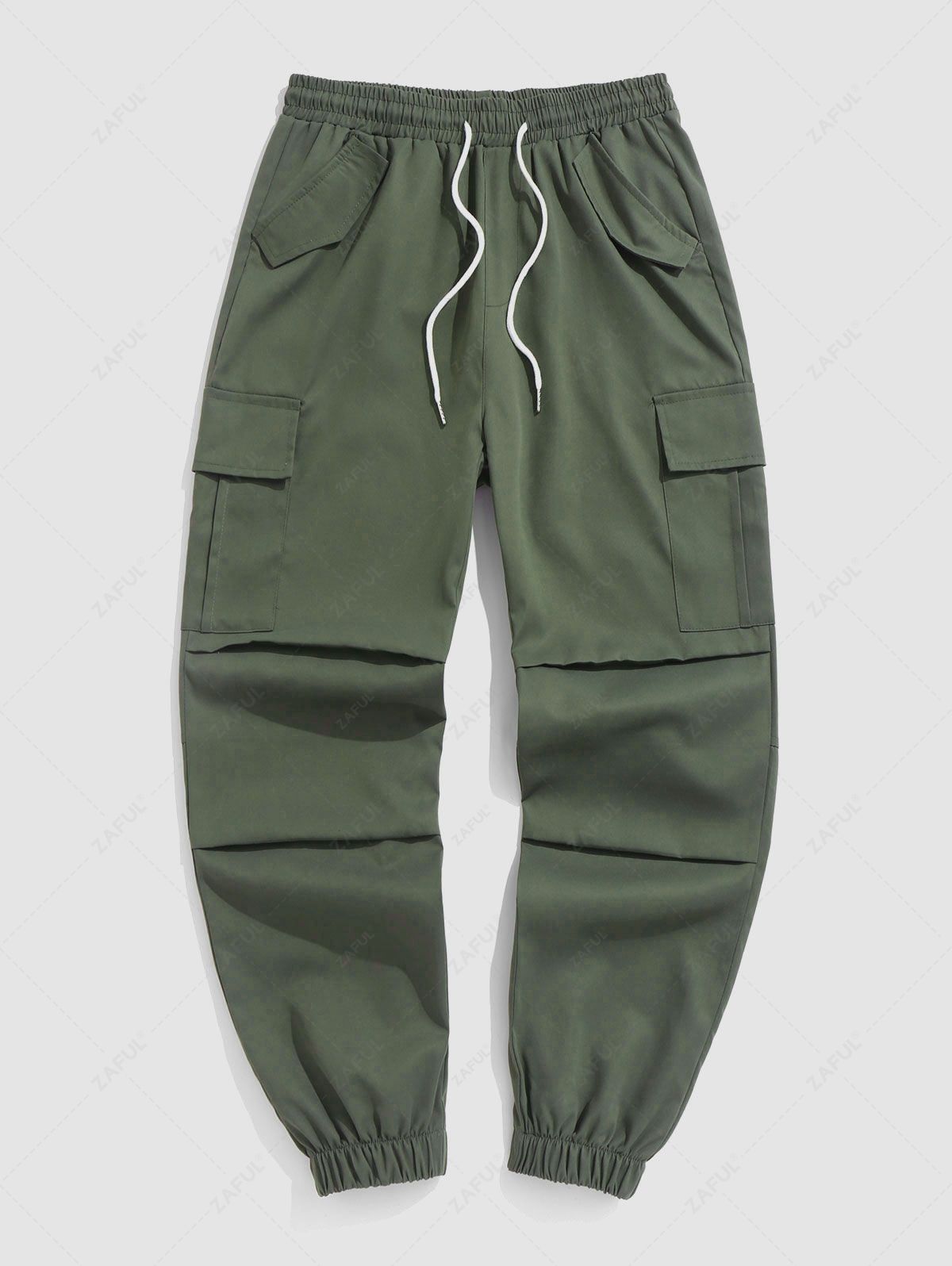 Solid Color Multi-pocket Design Beam Feet Cargo Pants DEEP GREEN - PURECLO