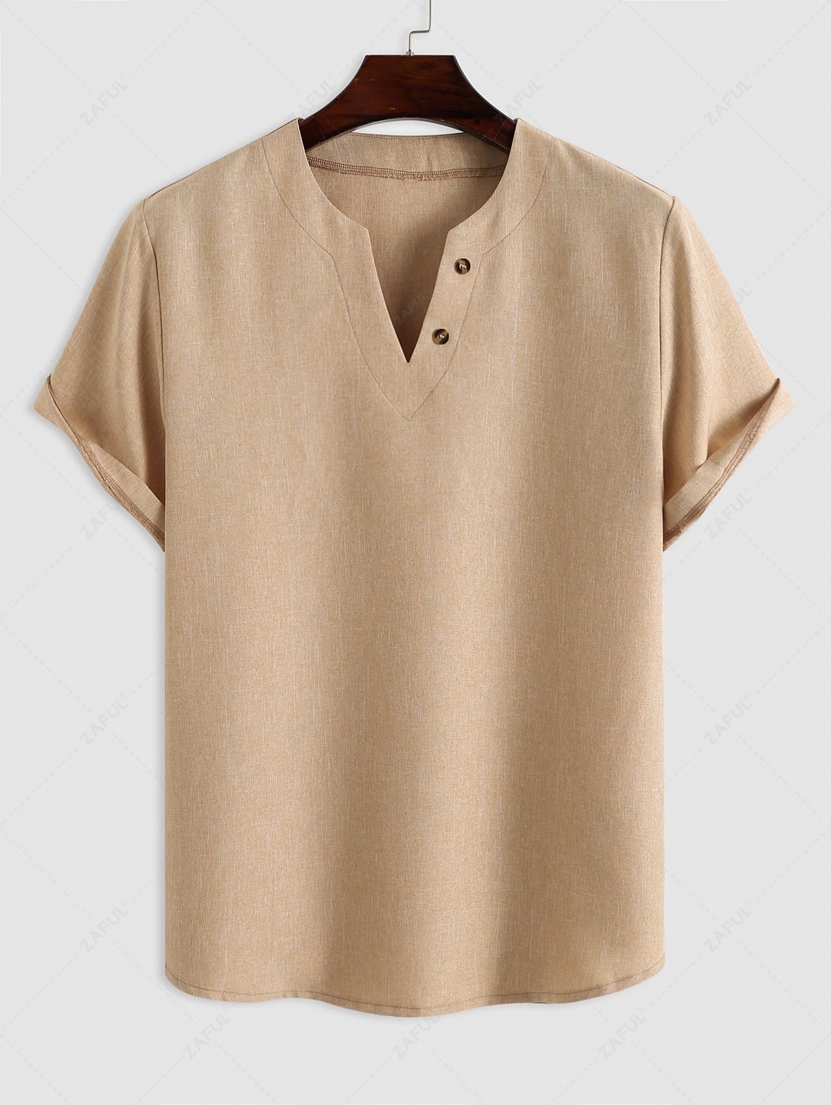 Notched V Neck Short Sleeves Pullover Shirt COFFEE - PURECLO