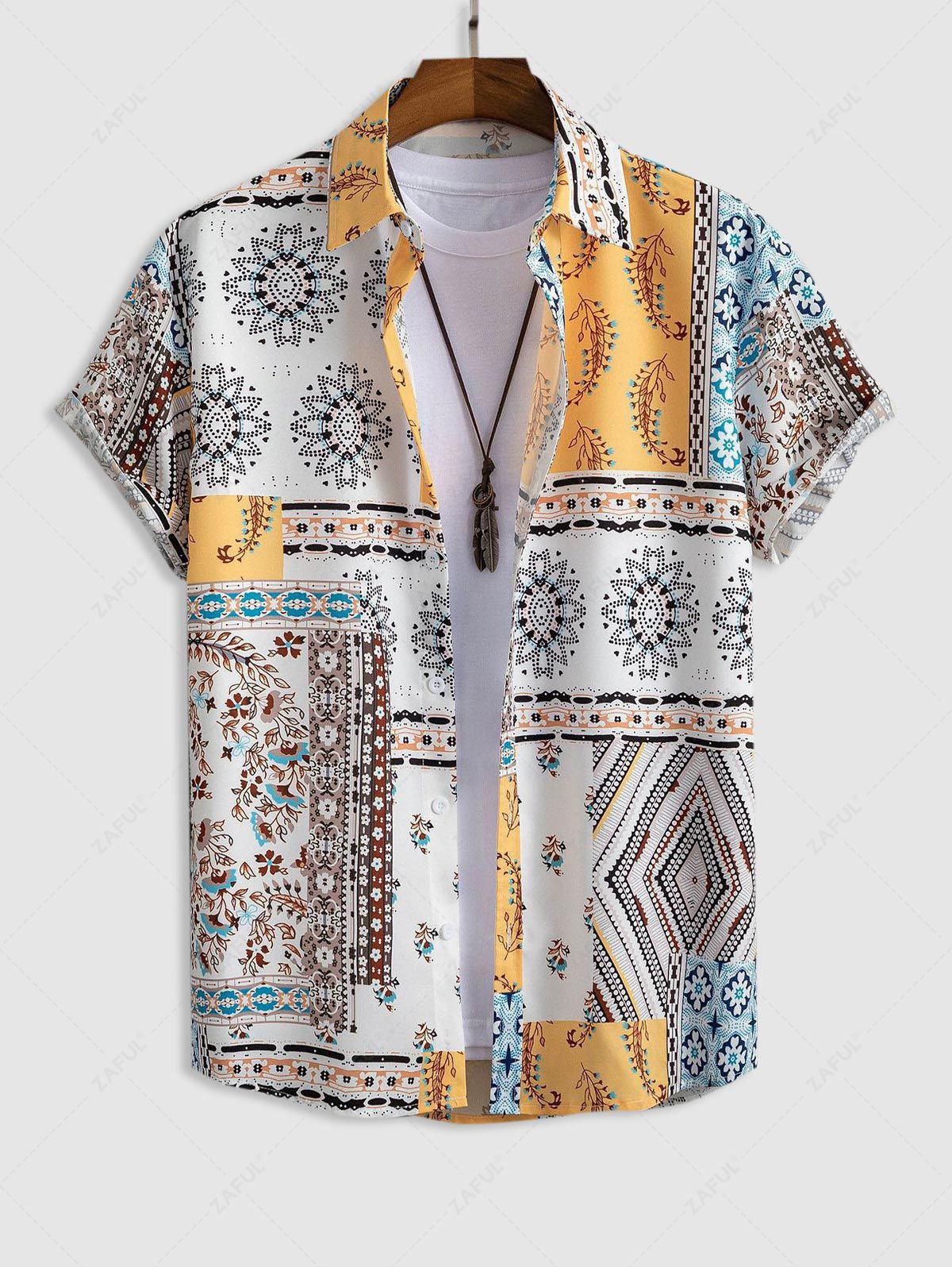 Short Sleeves Retro Floral Print Patternblock Beach Vacation Shirt BRIGHT YELLOW - PURECLO