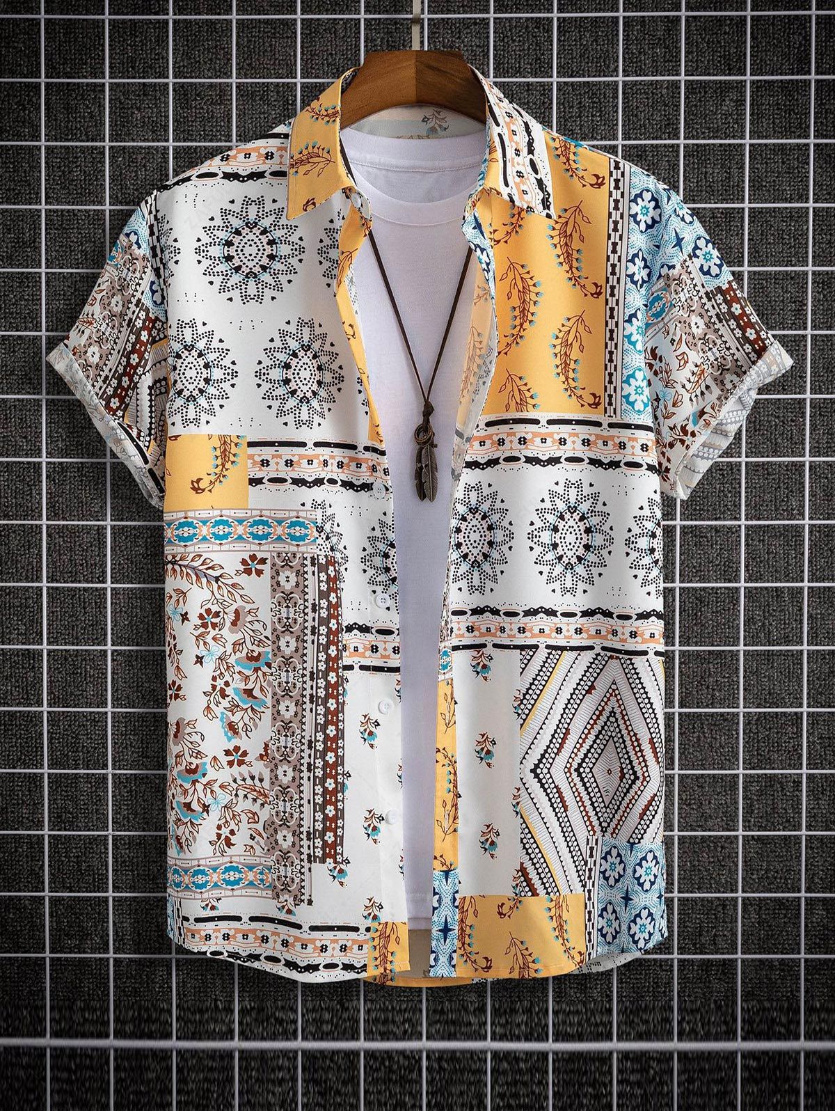 Short Sleeves Retro Floral Print Patternblock Beach Vacation Shirt BRIGHT YELLOW - PURECLO