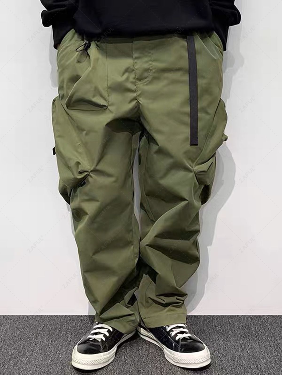 ZAFUL Techwear Buckle Belt Solid Color Windbreaker Cargo Parachute Pants GREEN - PURECLO
