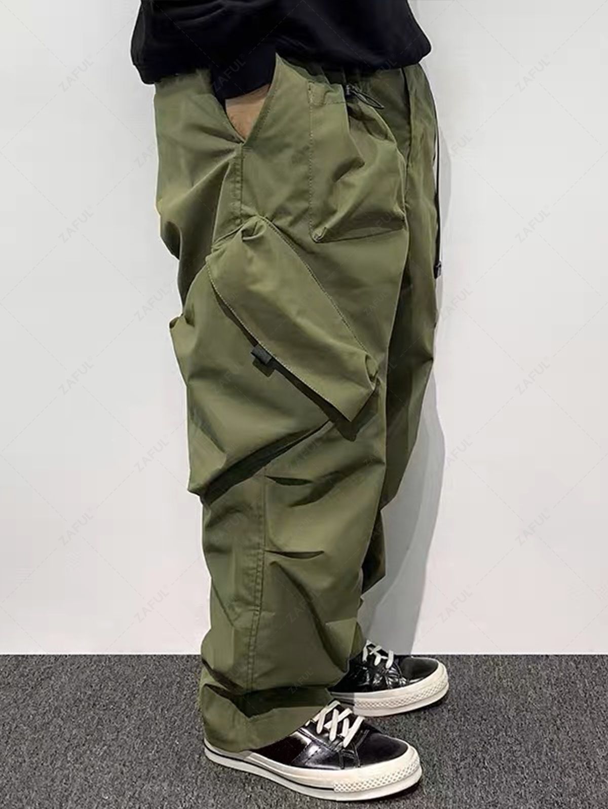 ZAFUL Techwear Buckle Belt Solid Color Windbreaker Cargo Parachute Pants GREEN - PURECLO