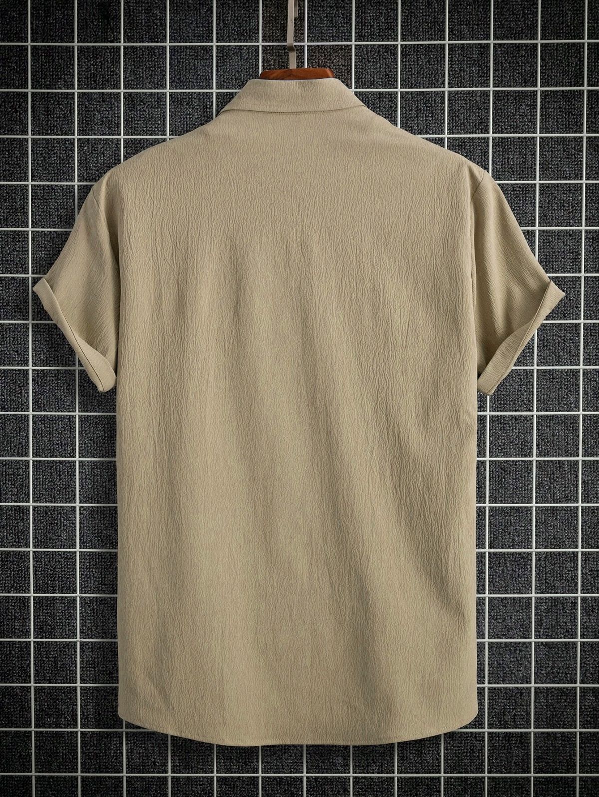 Solid Color Textured Short Sleeves Shirt LIGHT COFFEE - PURECLO