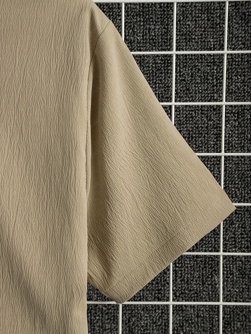 Solid Color Textured Short Sleeves Shirt LIGHT COFFEE - PURECLO