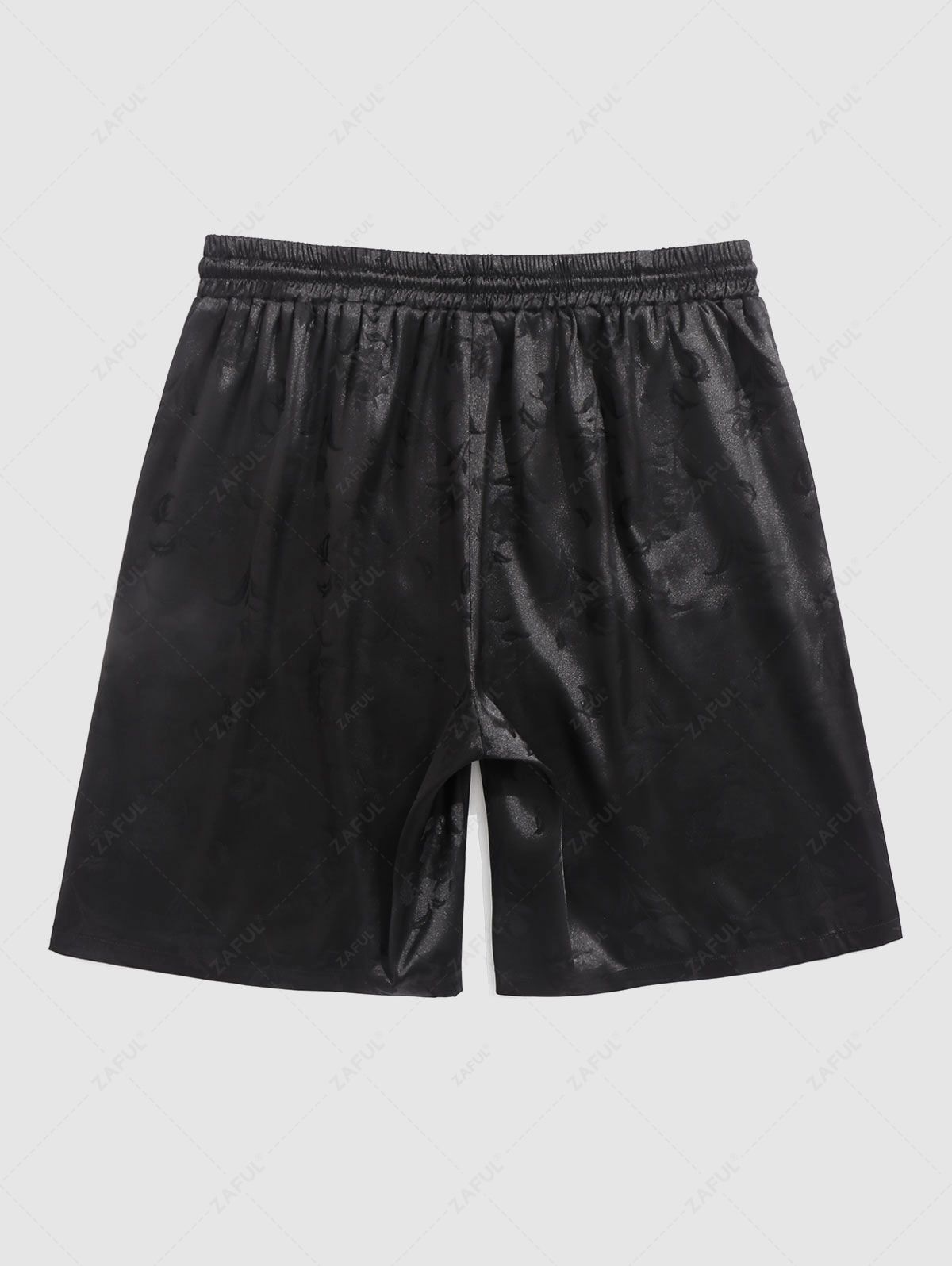 Men\'s Jacquard Silky Satin Floral Print Rose Pattern Button Front Short Sleeve Shirt And Shorts Set BLACK DEEP RED DEEP BLUE DEEP GREEN - PURECLO