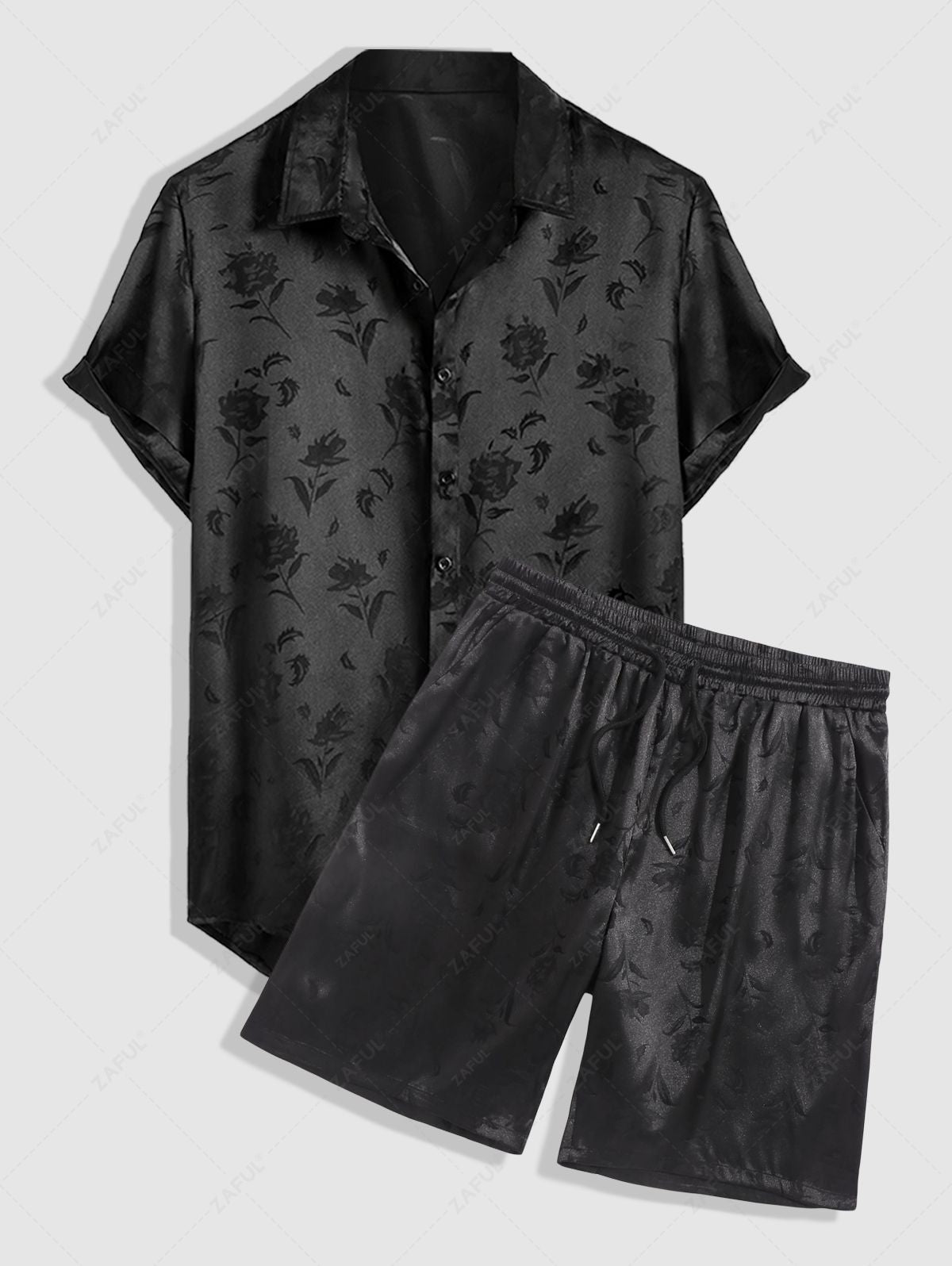 Men\'s Jacquard Silky Satin Floral Print Rose Pattern Button Front Short Sleeve Shirt And Shorts Set BLACK DEEP RED DEEP BLUE DEEP GREEN - PURECLO
