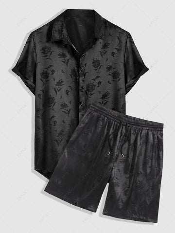Men\'s Jacquard Silky Satin Floral Print Rose Pattern Button Front Short Sleeve Shirt And Shorts Set BLACK DEEP RED DEEP BLUE DEEP GREEN - PURECLO