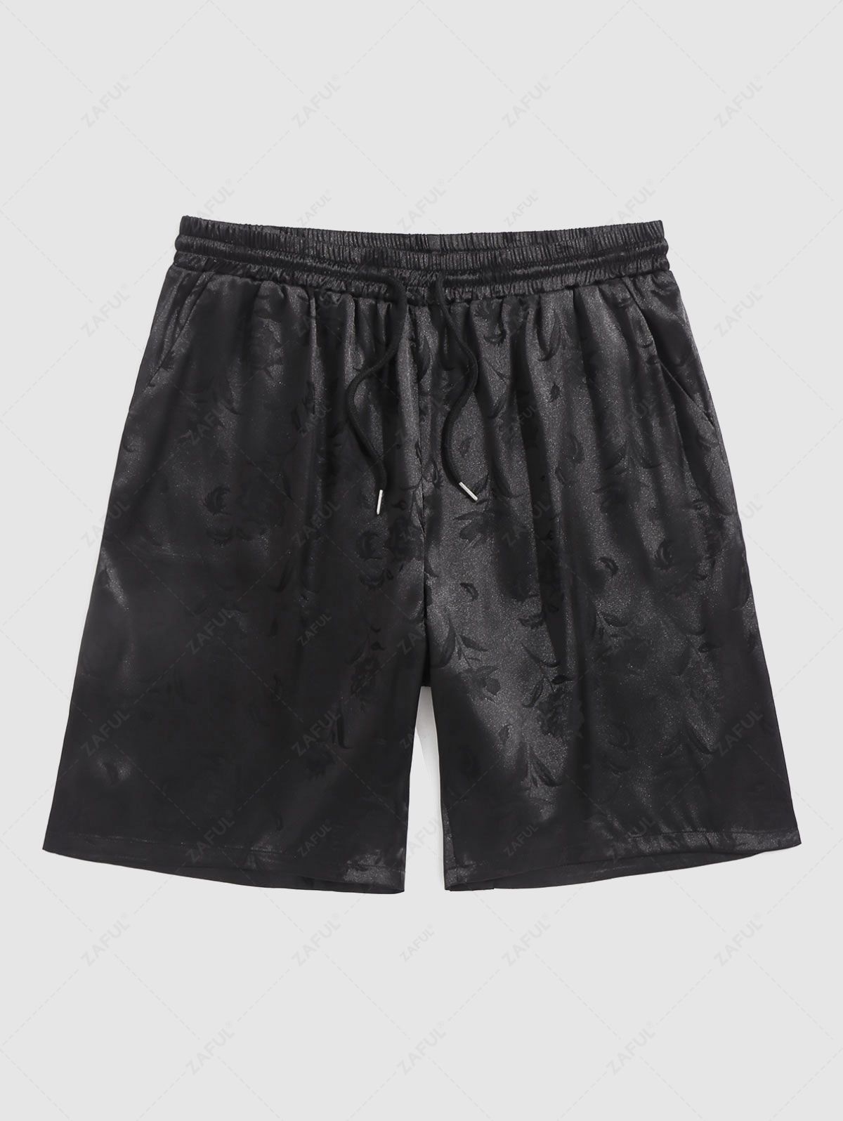 Men\'s Jacquard Silky Satin Floral Print Rose Pattern Button Front Short Sleeve Shirt And Shorts Set BLACK DEEP RED DEEP BLUE DEEP GREEN - PURECLO