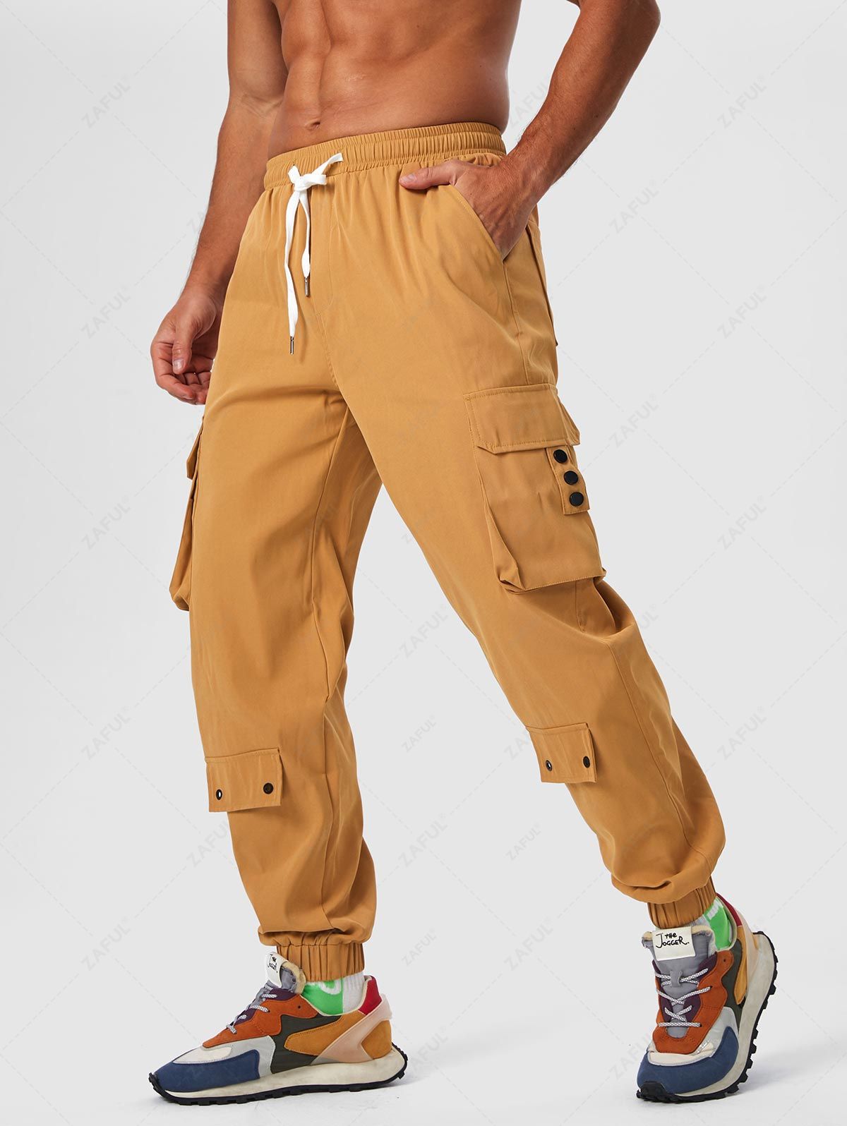 Button and Large Pocket Design Cargo Pants CINNAMON - PURECLO