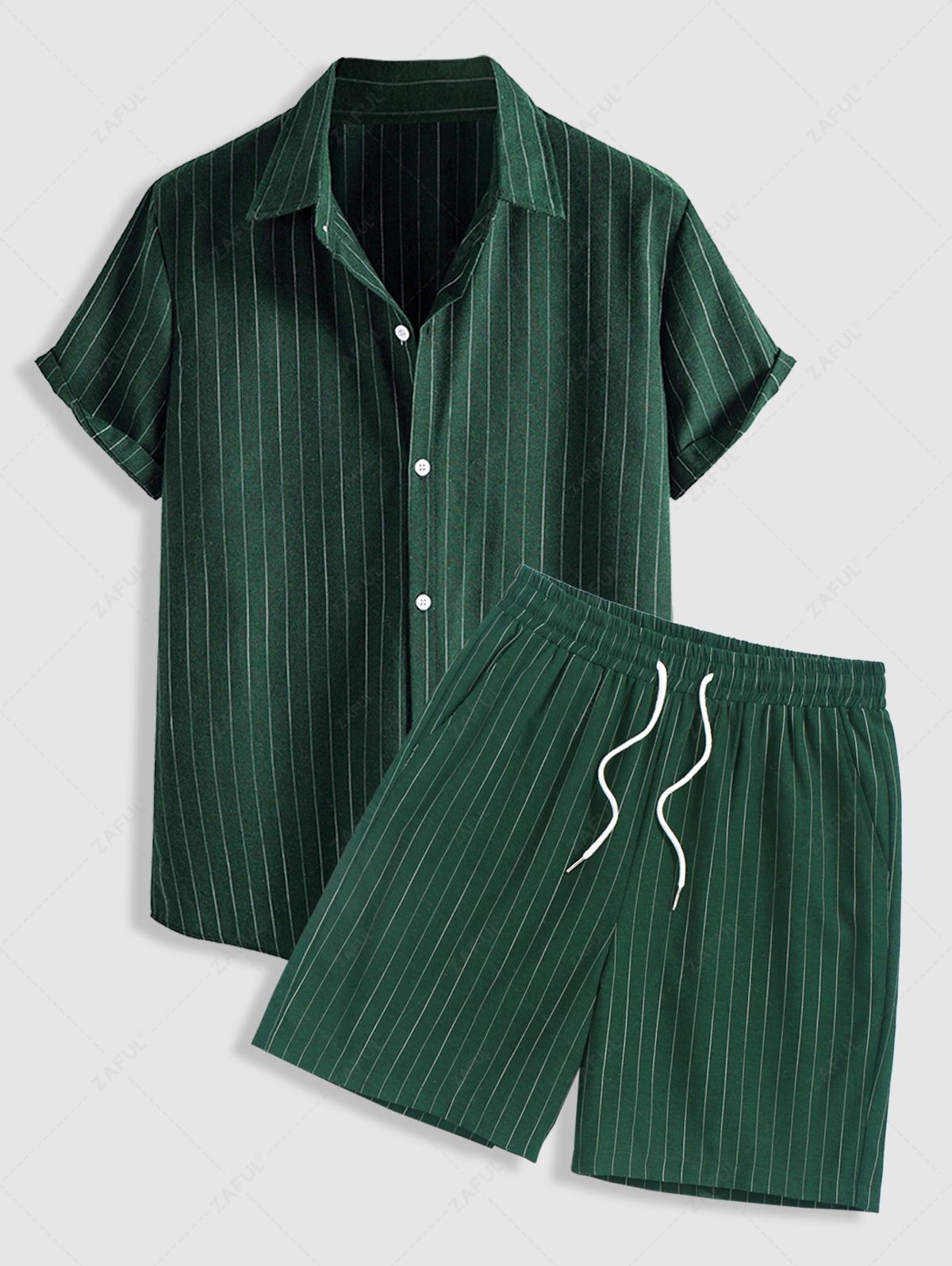 Men\'s Casual 2 Piece Outfits Vertical Striped Pattern Striped Button Fly Short Sleeve Shirt and Drawstring Bermuda Shorts Set DEEP GREEN - PURECLO