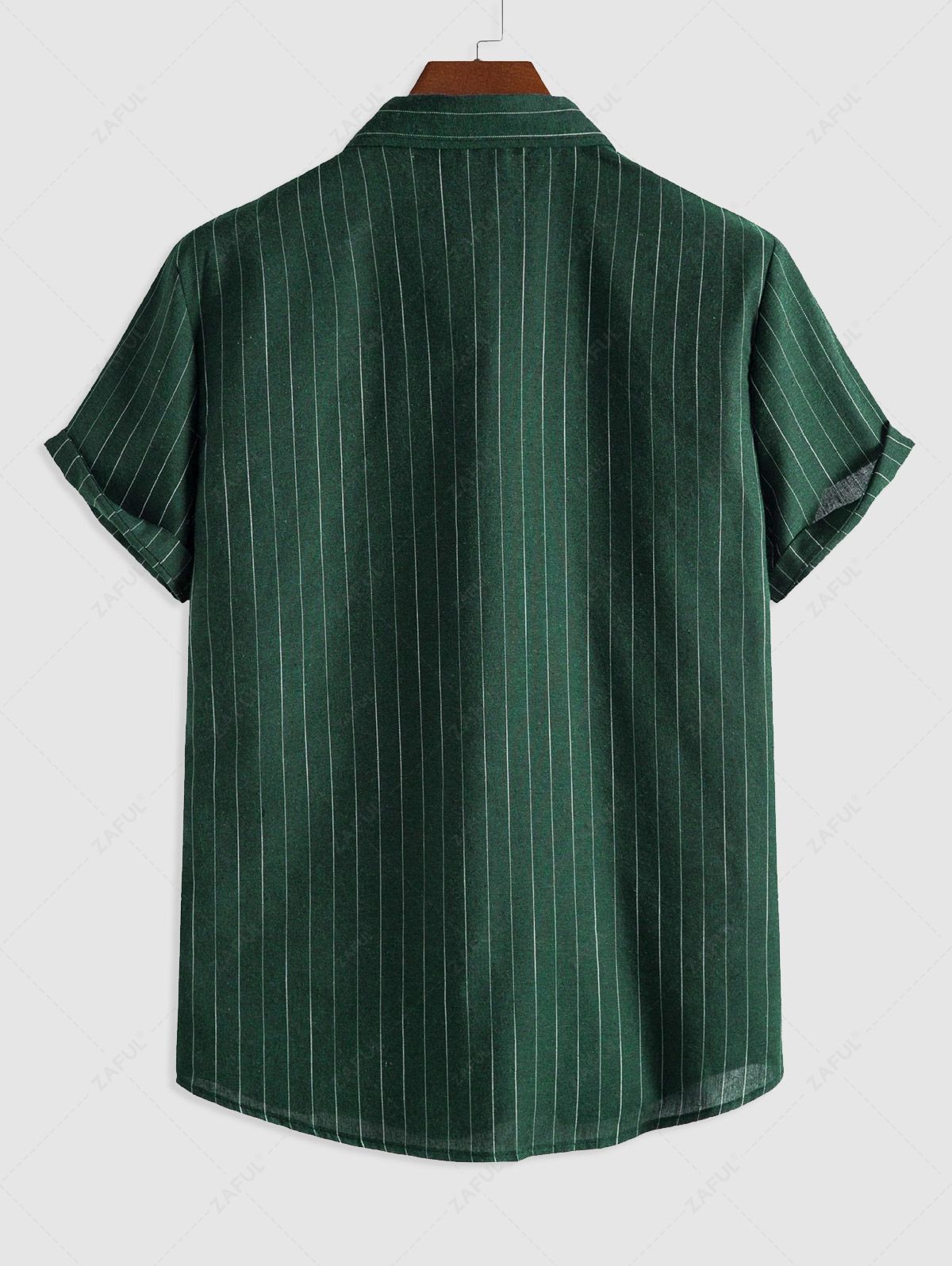 Men\'s Casual 2 Piece Outfits Vertical Striped Pattern Striped Button Fly Short Sleeve Shirt and Drawstring Bermuda Shorts Set DEEP GREEN - PURECLO