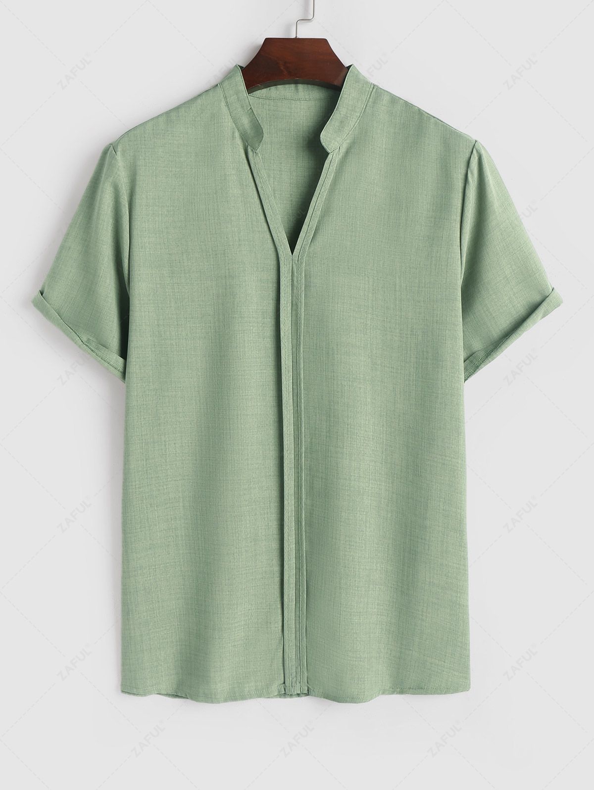 ZAFUL V Neck Stand Collar Short Sleeves Plain Tunic Popover Shirt LIGHT GREEN - PURECLO