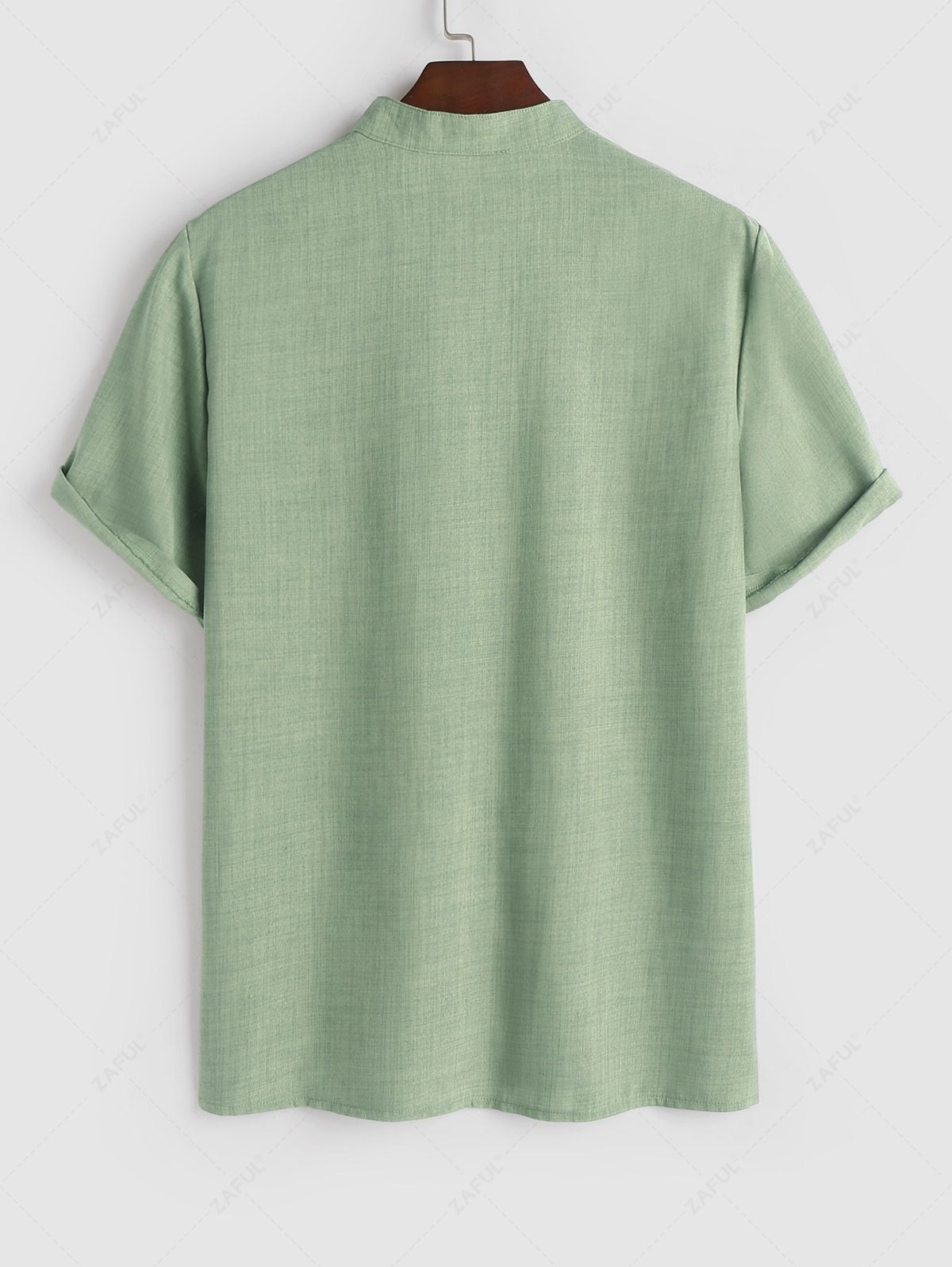 ZAFUL V Neck Stand Collar Short Sleeves Plain Tunic Popover Shirt LIGHT GREEN - PURECLO