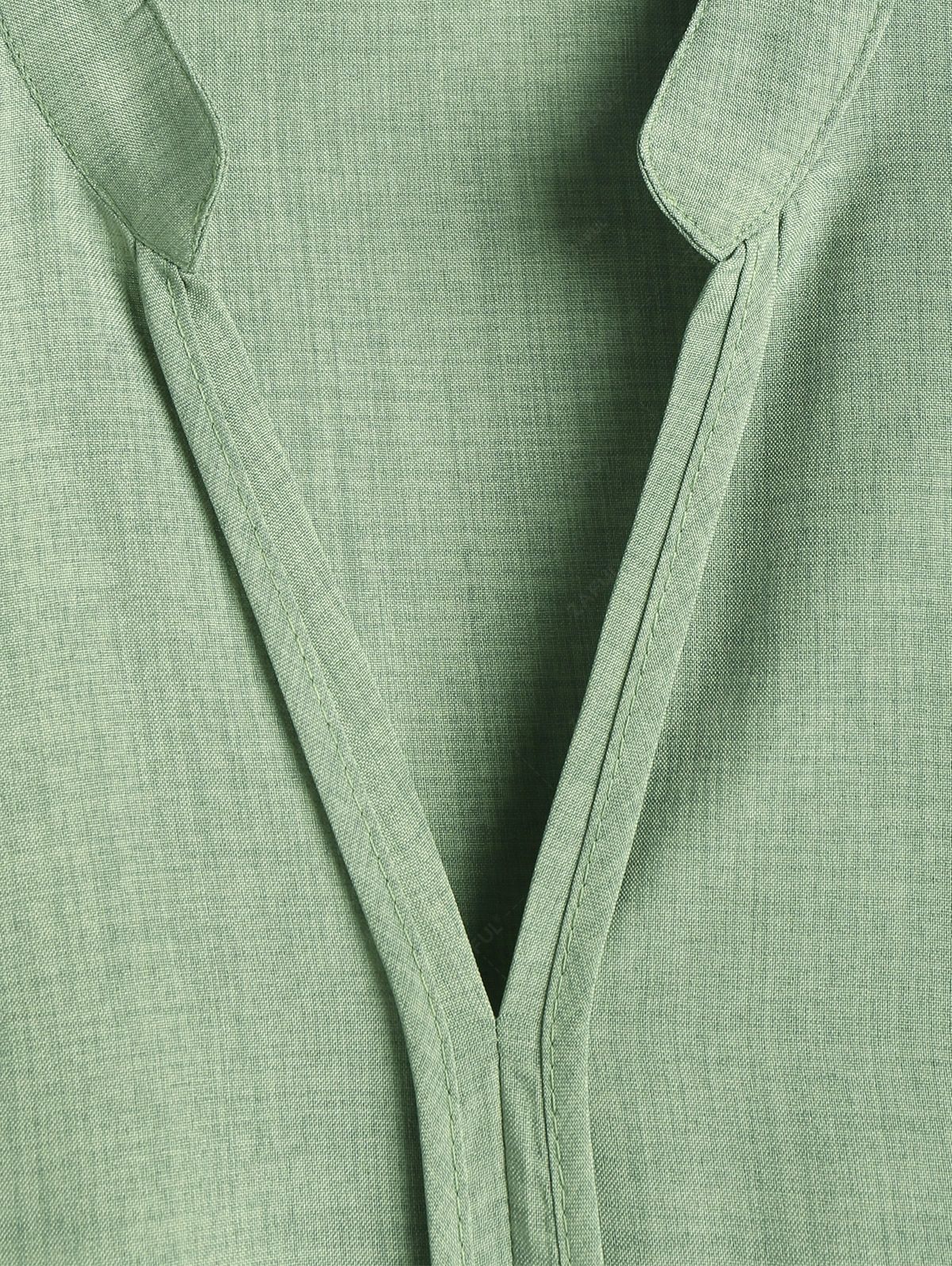 ZAFUL V Neck Stand Collar Short Sleeves Plain Tunic Popover Shirt LIGHT GREEN - PURECLO