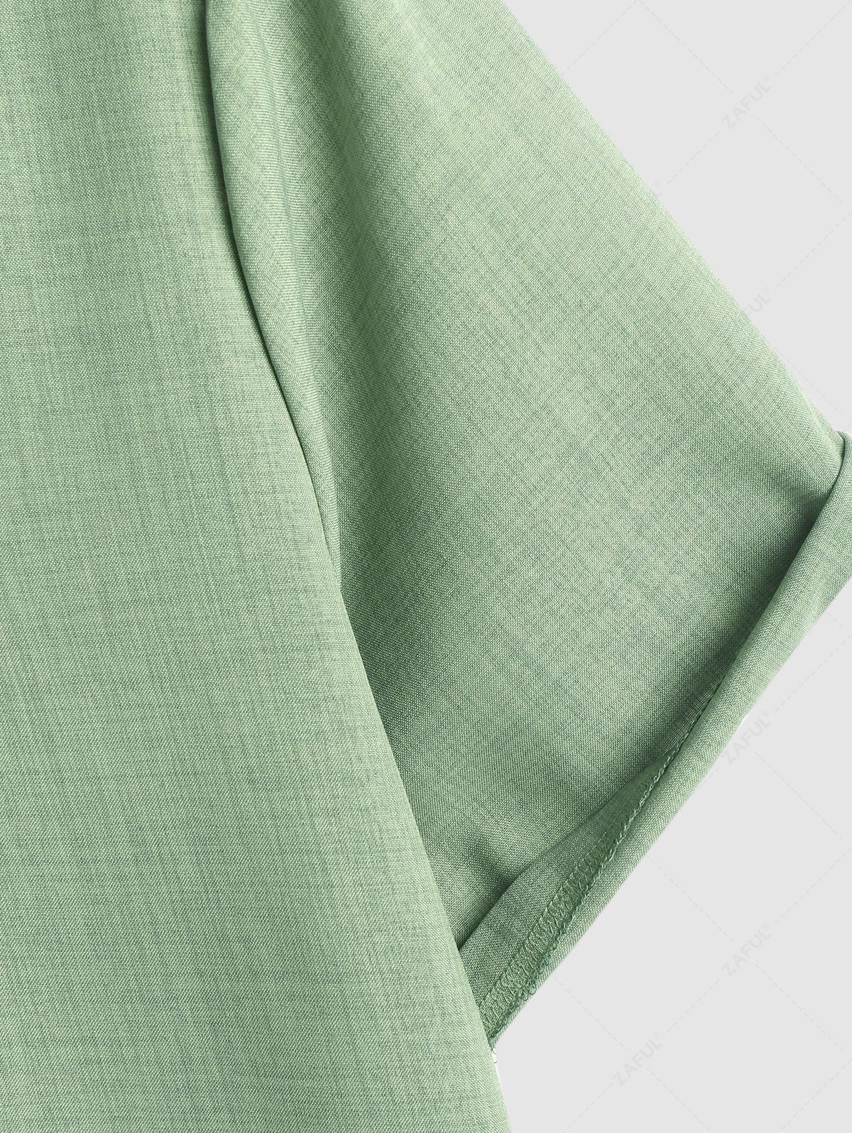 ZAFUL V Neck Stand Collar Short Sleeves Plain Tunic Popover Shirt LIGHT GREEN - PURECLO