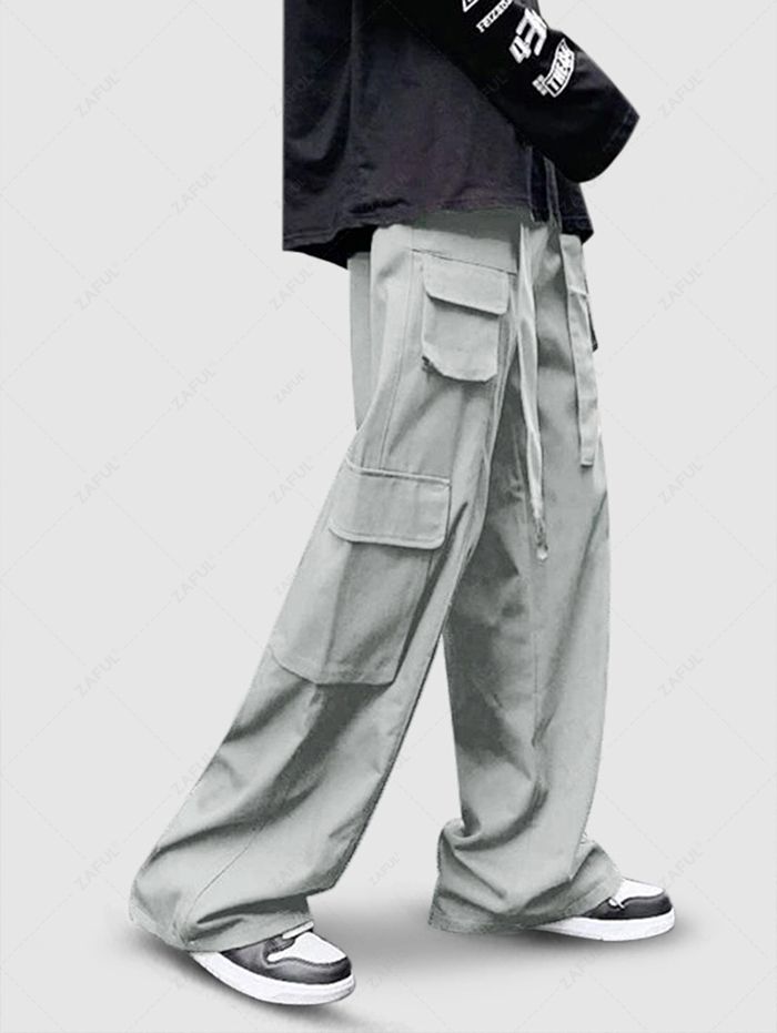ZAFUL Solid Color Belted Straight Leg Cargo Pants LIGHT GRAY - PURECLO