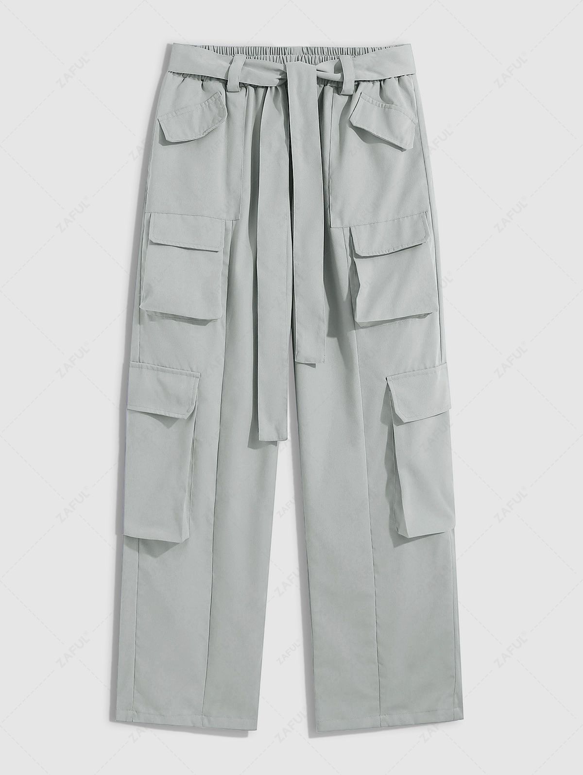 ZAFUL Solid Color Belted Straight Leg Cargo Pants LIGHT GRAY - PURECLO
