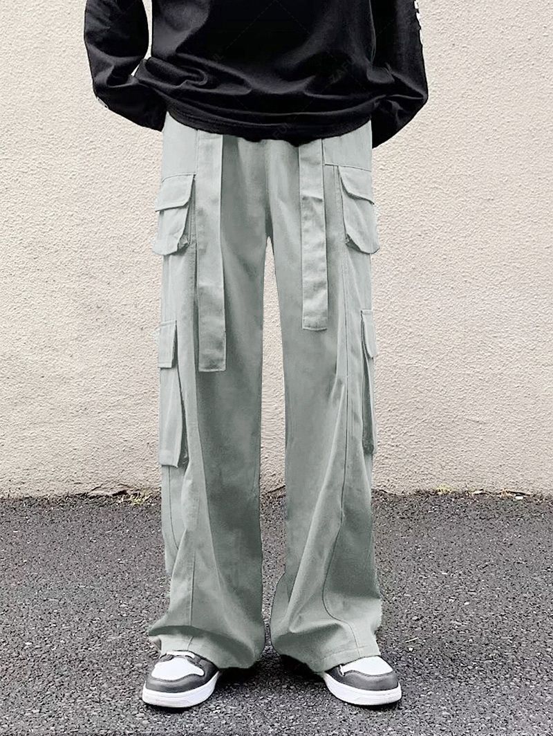 ZAFUL Solid Color Belted Straight Leg Cargo Pants LIGHT GRAY - PURECLO