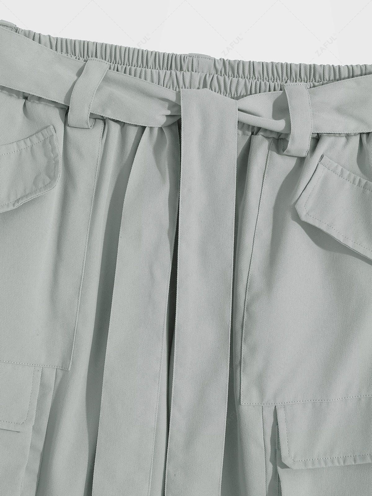 ZAFUL Solid Color Belted Straight Leg Cargo Pants LIGHT GRAY - PURECLO