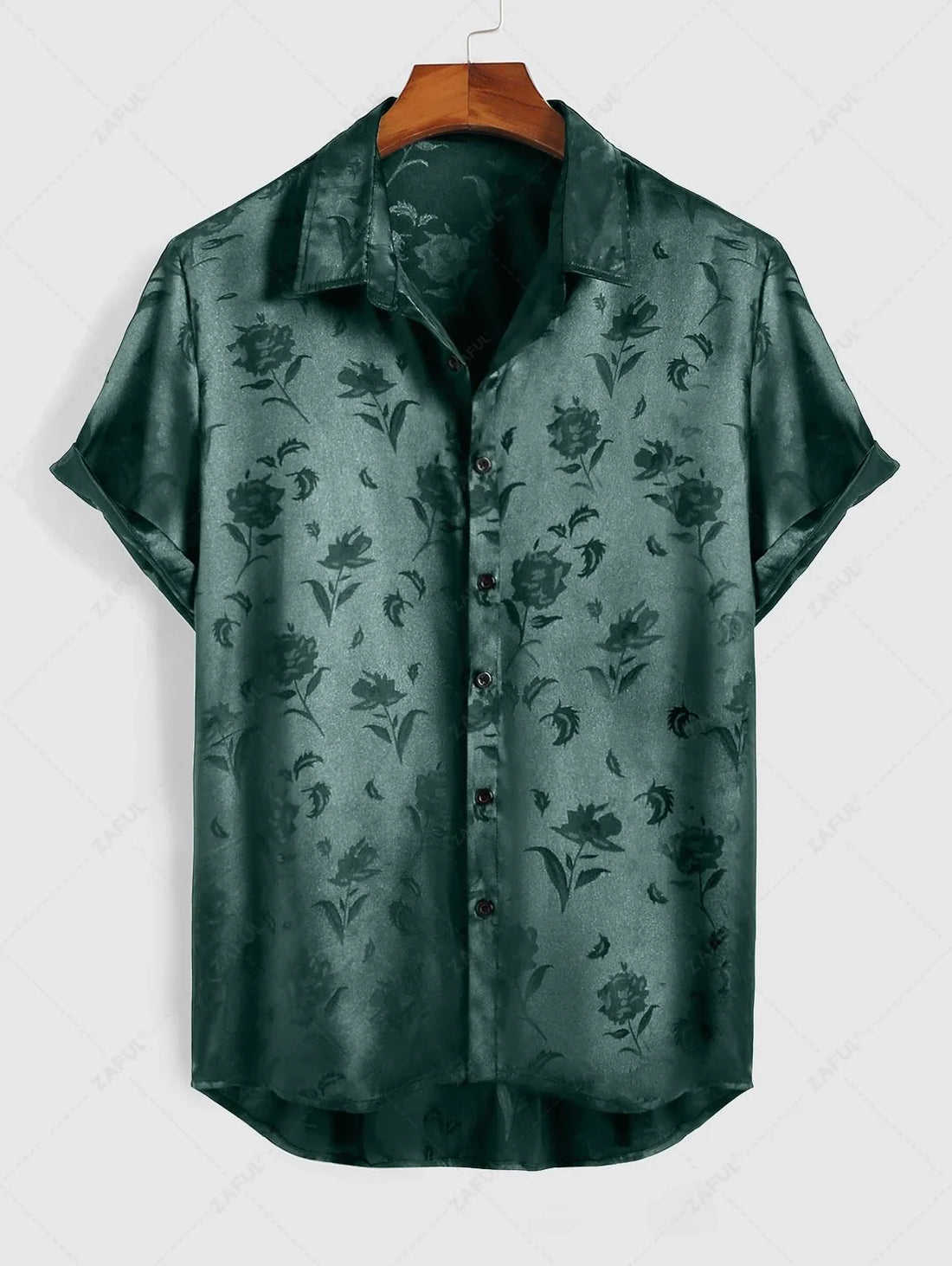 Men\'s Jacquard Silky Satin Floral Print Rose Pattern Button Front Short Sleeve Shirt And Shorts Set BLACK DEEP RED DEEP BLUE DEEP GREEN - PURECLO