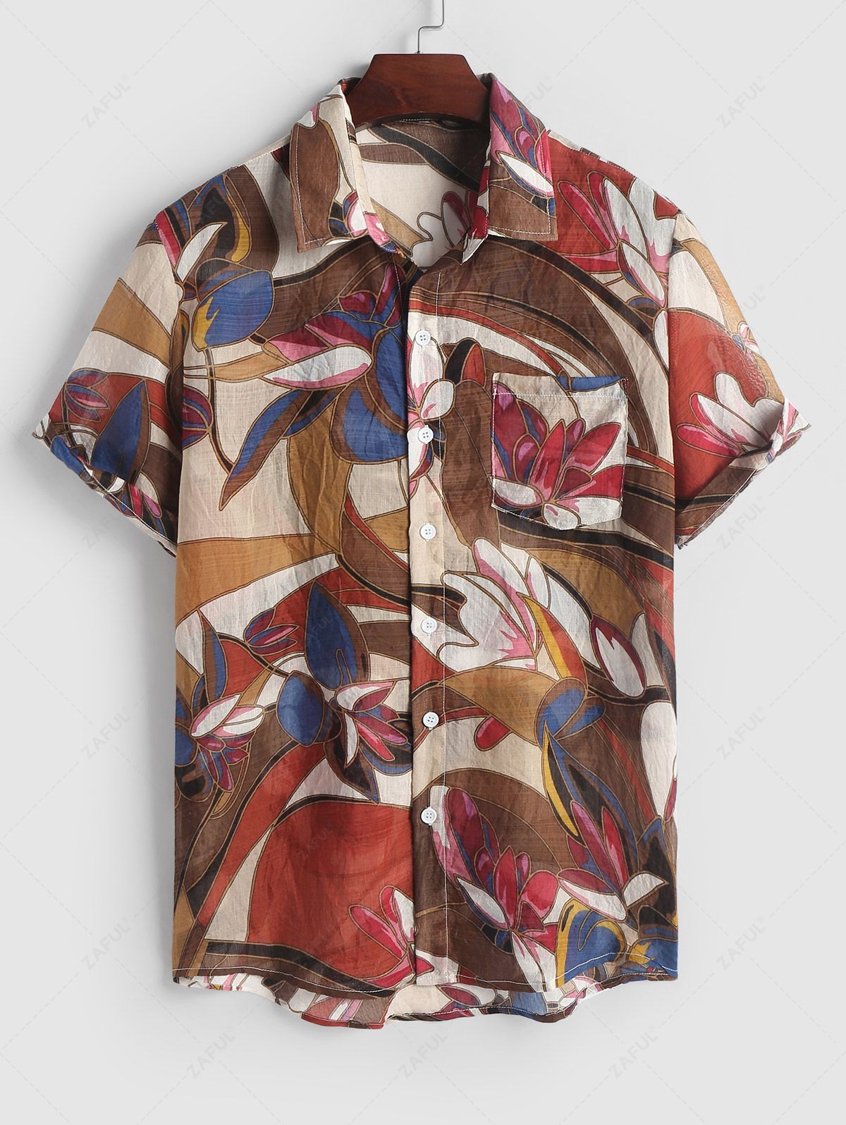 Colorblock Leaves Pattern Short Sleeves Vacation Shirt DEEP COFFEE - PURECLO
