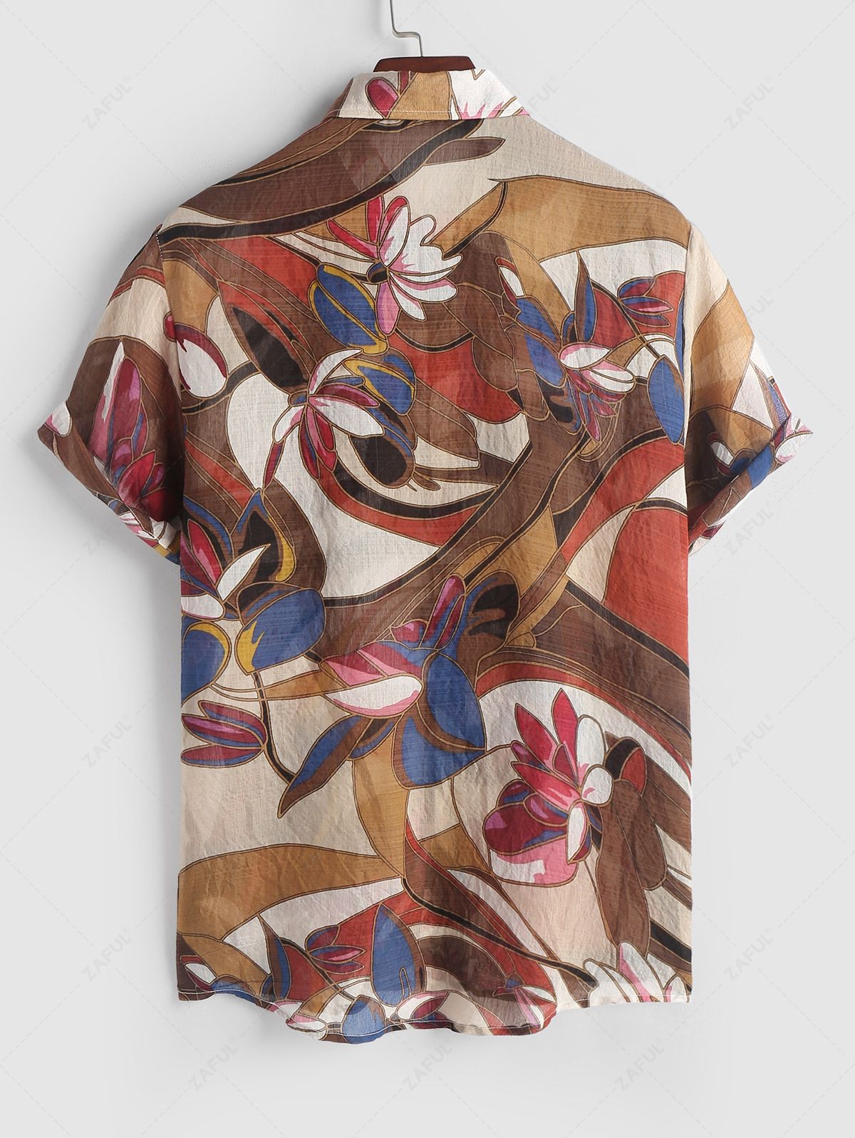 Colorblock Leaves Pattern Short Sleeves Vacation Shirt DEEP COFFEE - PURECLO