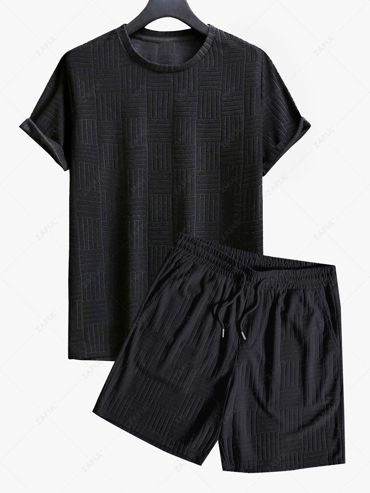 Jacquard Terry Cloth Textured Short Sleeves T Shirt With Shorts Two Piece Set BLACK LIGHT BLUE LIGHT COFFEE WHITE - PURECLO