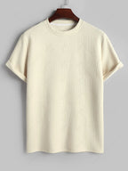 Geometric Textured Short Sleeves Basic T-shirt and Basic Drawstring Shorts Set LIGHT YELLOW COFFEE BLACK WHITE - PURECLO