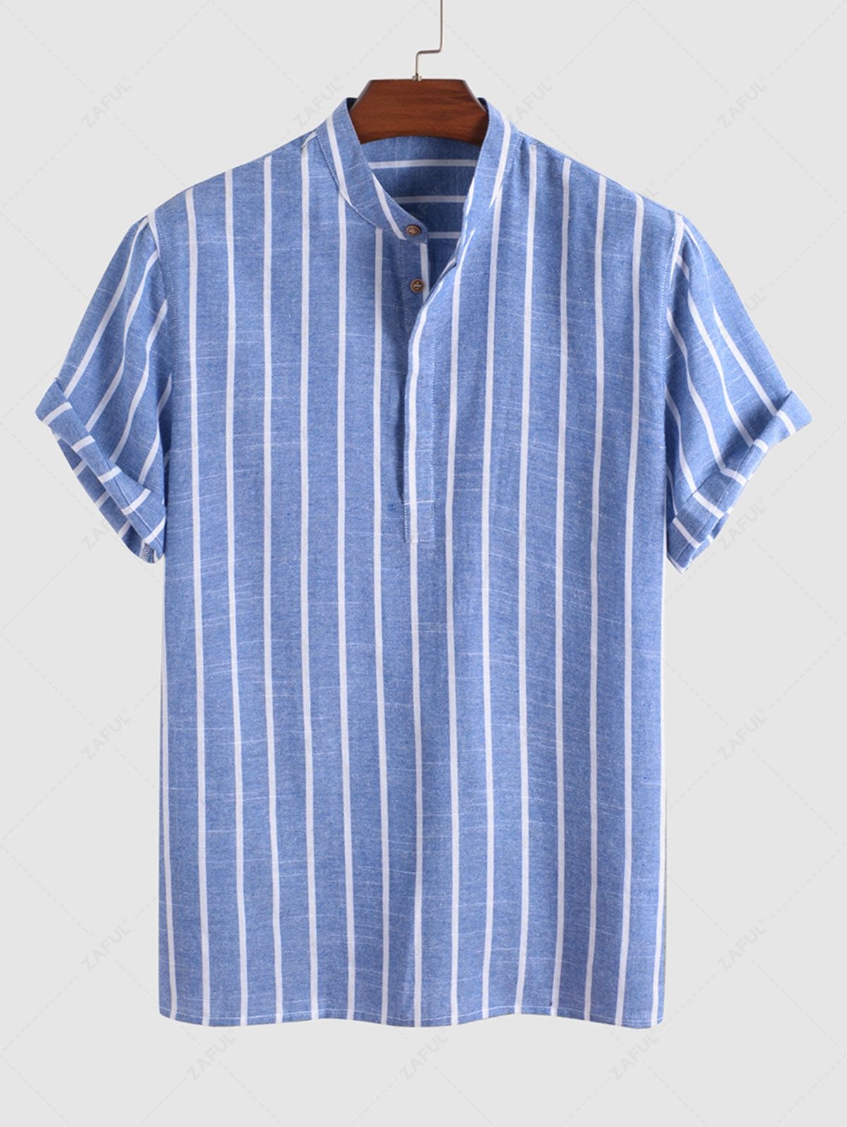 Men\'s Half Buttoned Casual Vertical Striped Office Pullover Shirt and Basic Casual Shorts Set BLUE WHITE - PURECLO