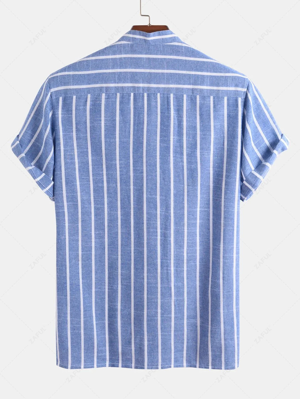 Men\'s Half Buttoned Casual Vertical Striped Office Pullover Shirt and Basic Casual Shorts Set BLUE WHITE - PURECLO
