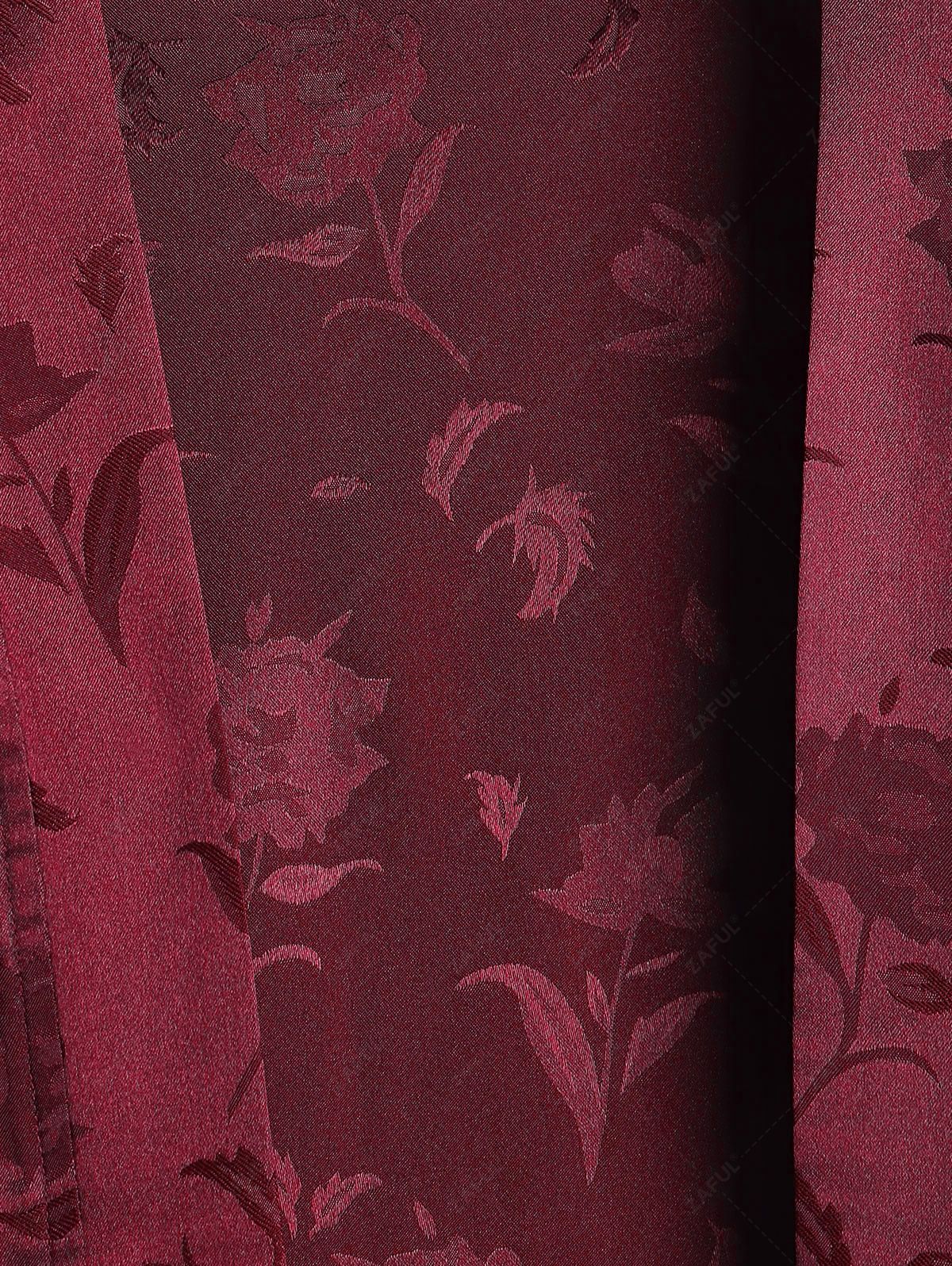 ZAFUL Men\'s Silky Satin Rose Printed Open Front Kimono Shirt DEEP RED BLACK - PURECLO