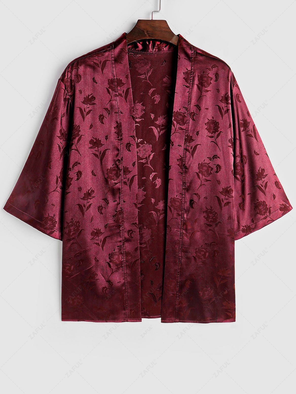 Men\'s Two Piece Outfits Silky Satin Rose Printed Open Front Kimono Shirt and Casual Shorts Set DEEP RED BLACK - PURECLO