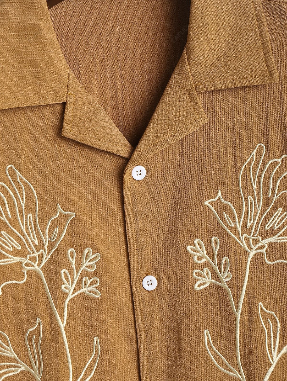 ZAFUL Men\'s Flower Plant Abstract Embroidery Lapel Collar Short Sleeves Vacation Shirt COFFEE - PURECLO